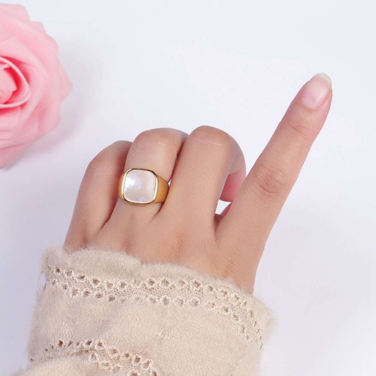 24K Gold Filled Square Shell Signet Adjustable Gold Ring | X-571 - DLUXCA