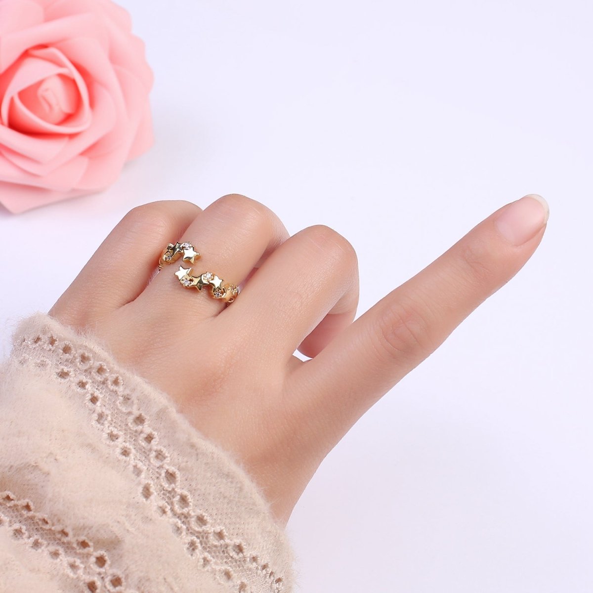 24K Gold Filled Star Link Chain Open Ring, Celestial Statement Ring with Crystal Zirconia CZ in Gold & Silver S-323 S-324 - DLUXCA