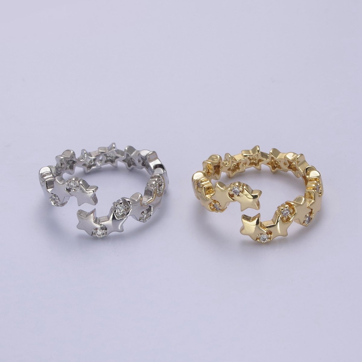 24K Gold Filled Star Link Chain Open Ring, Celestial Statement Ring with Crystal Zirconia CZ in Gold & Silver S-323 S-324 - DLUXCA