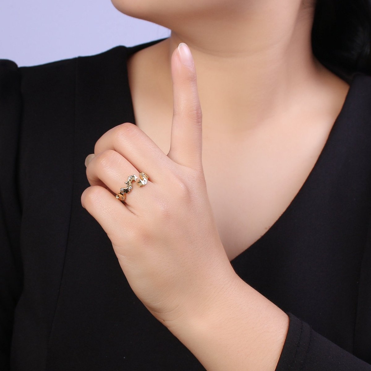 24K Gold Filled Star Link Chain Open Ring, Celestial Statement Ring with Crystal Zirconia CZ in Gold & Silver S-323 S-324 - DLUXCA