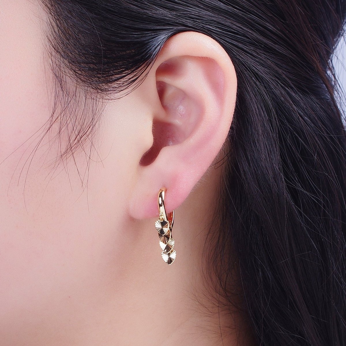 24K Gold Filled Starburst Heart Love Dangle on Teardrop Huggie Hoop Earrings T-180 - DLUXCA