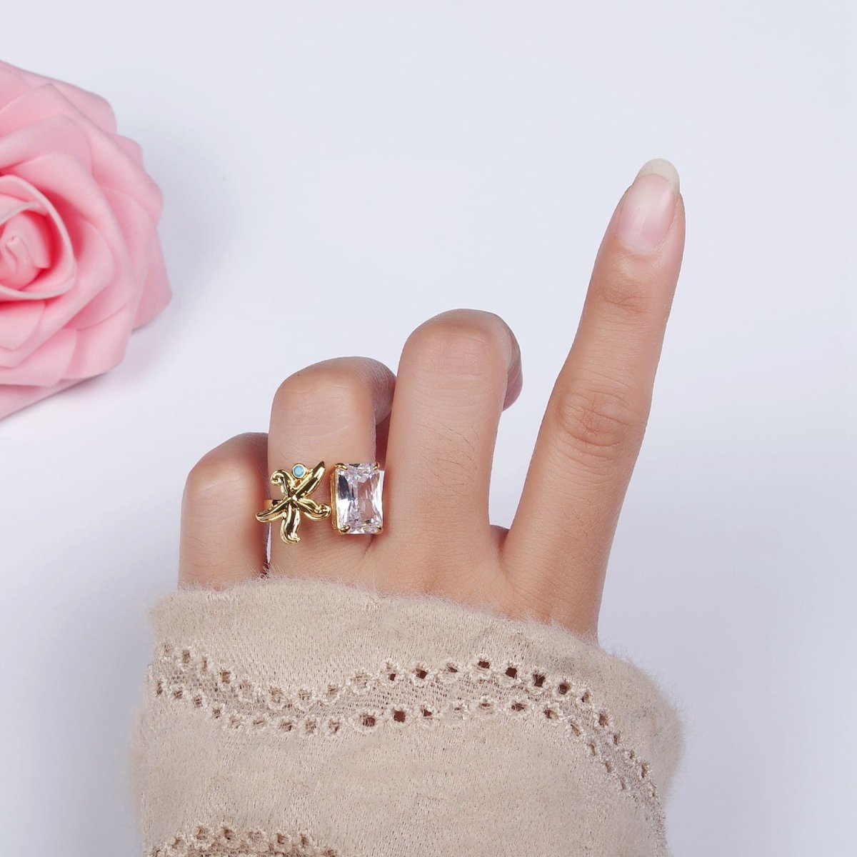 24K Gold Filled Starfish Turquoise Clear Baguette CZ Open Claw Ring | O1238 - DLUXCA