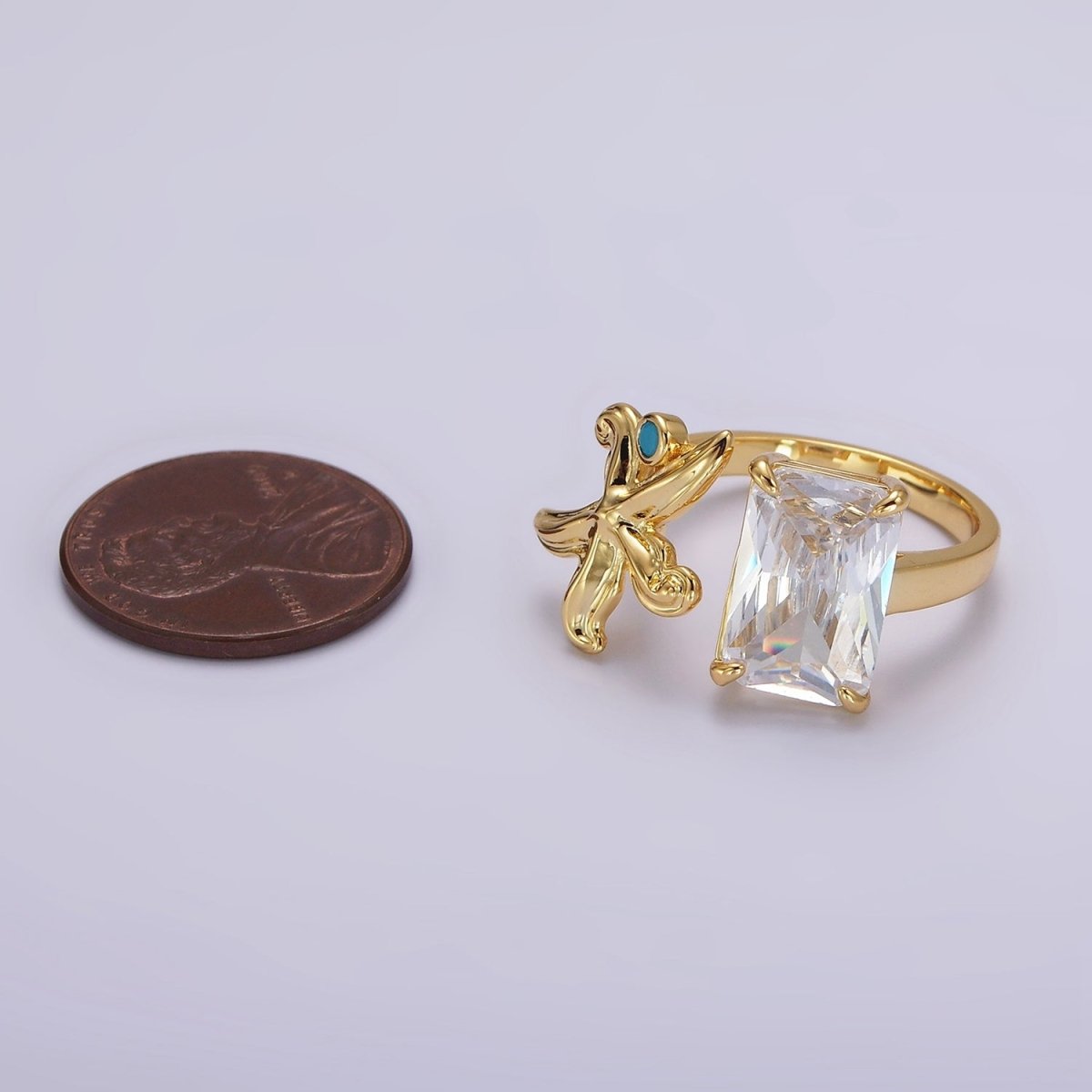 24K Gold Filled Starfish Turquoise Clear Baguette CZ Open Claw Ring | O1238 - DLUXCA
