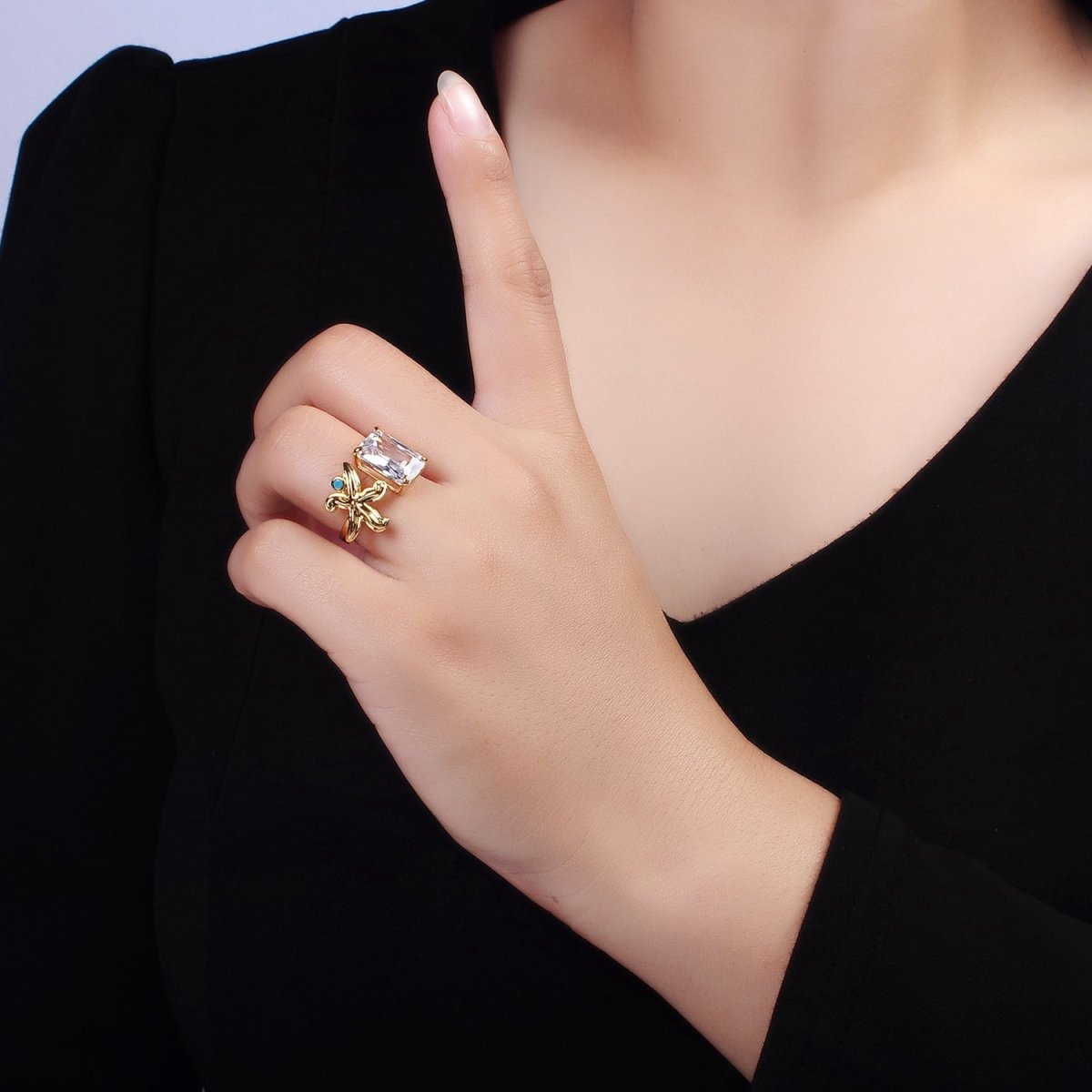 24K Gold Filled Starfish Turquoise Clear Baguette CZ Open Claw Ring | O1238 - DLUXCA