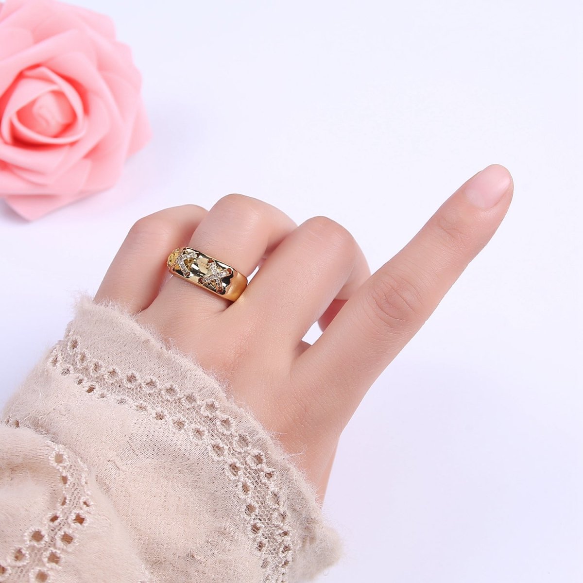 24K Gold Filled Statement X Crystal Zirconia CZ Adjustable Ring U-411 - DLUXCA