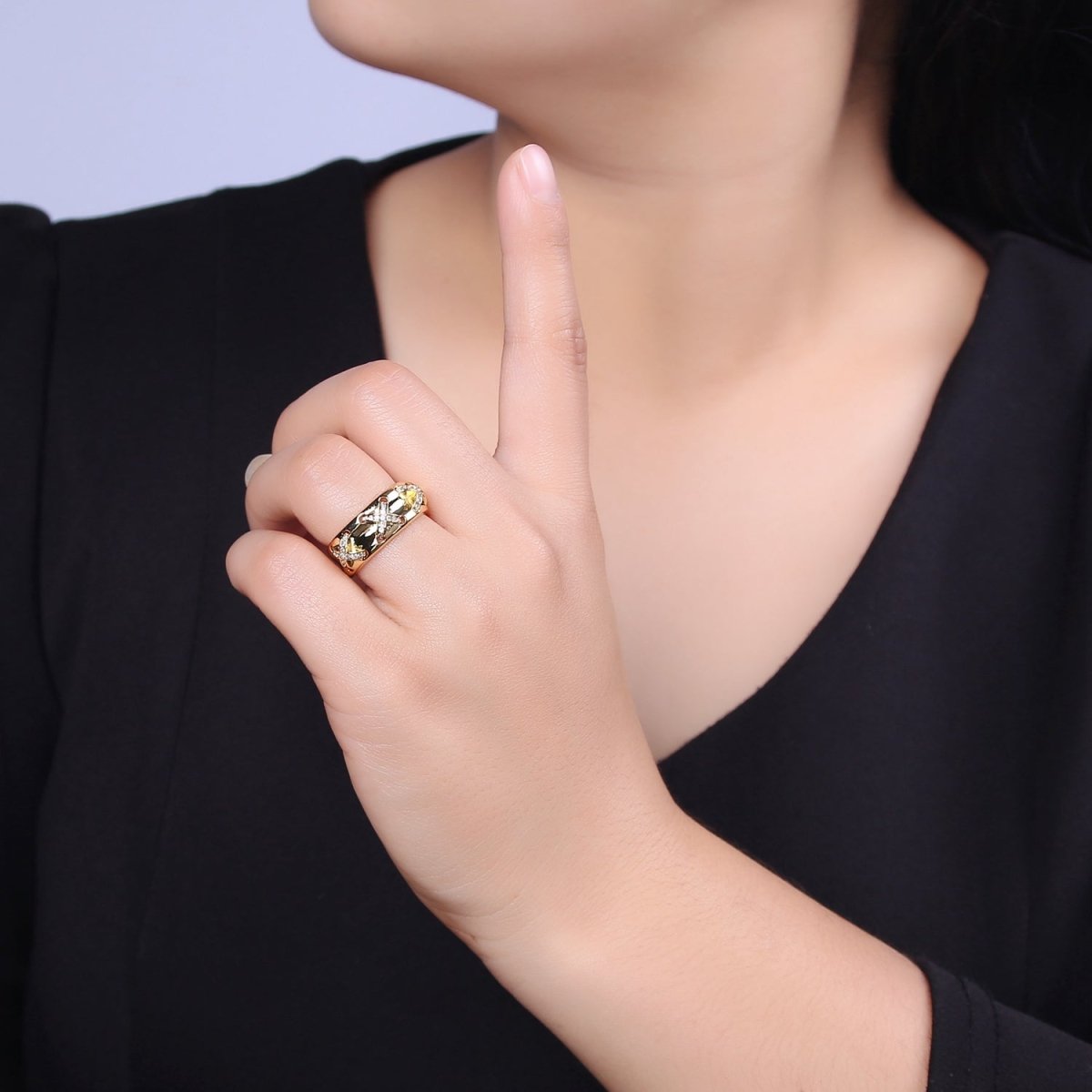 24K Gold Filled Statement X Crystal Zirconia CZ Adjustable Ring U-411 - DLUXCA