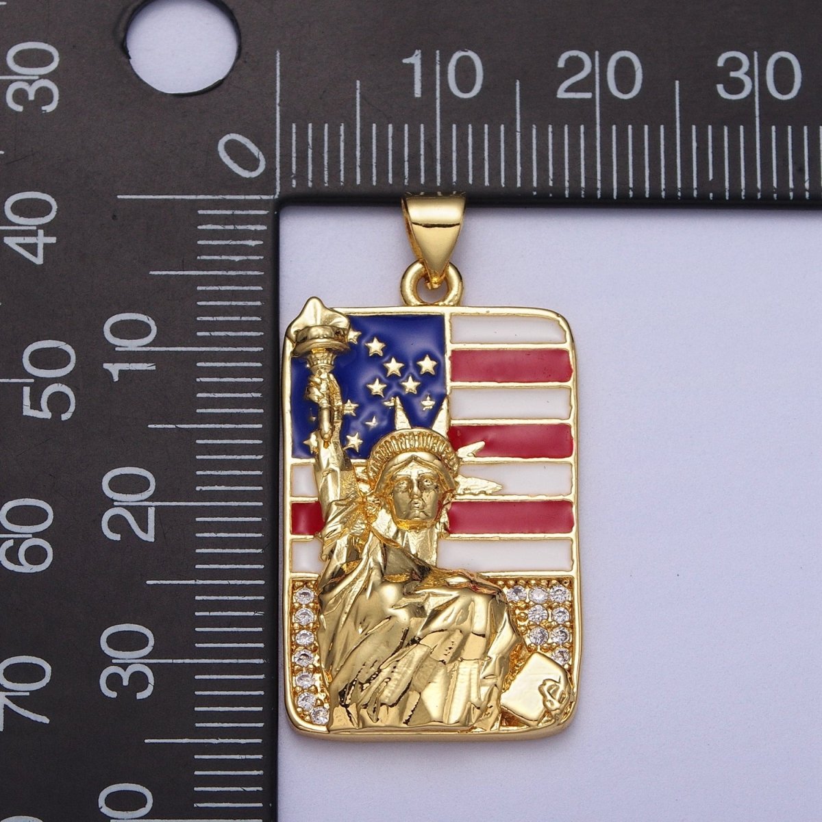 24K Gold Filled Statue of Liberty American Flag Enamel Micro Paved Tag Pendant I-281 - DLUXCA