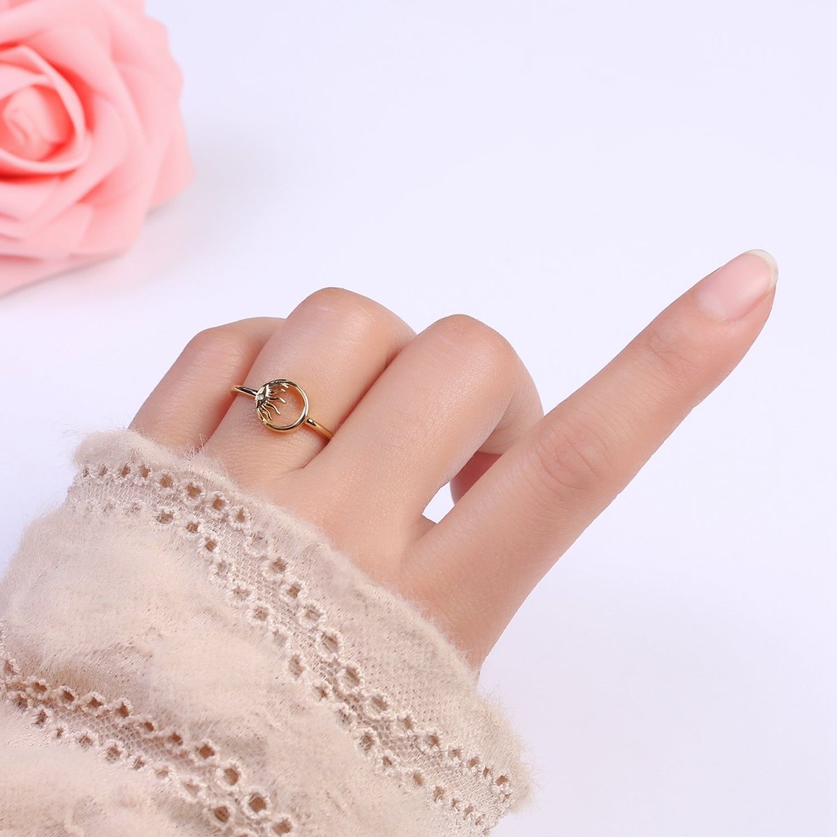 24K Gold Filled Sun Ring, Celestial Astrology Golden Ring with Crystal Cubic Zirconia CZ S-334 - DLUXCA