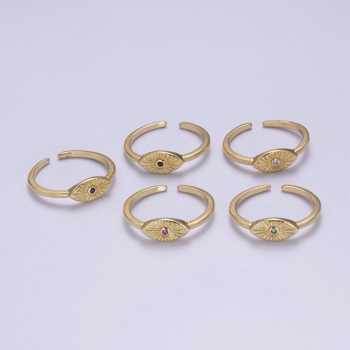 24K Gold Filled Sunburst Flower Adjustable Ring with Clear Green Fuchsia Pink Black Blue Crystal Zirconia CZ | U-412-U-416 - DLUXCA