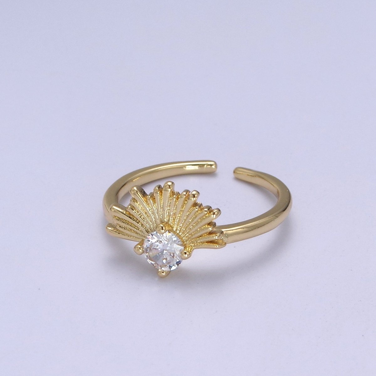 24K Gold Filled Sunburst Sun Crystal Zirconia CZ 24K Gold Promise Ring, Open Adjustable Ring | U-385 - DLUXCA