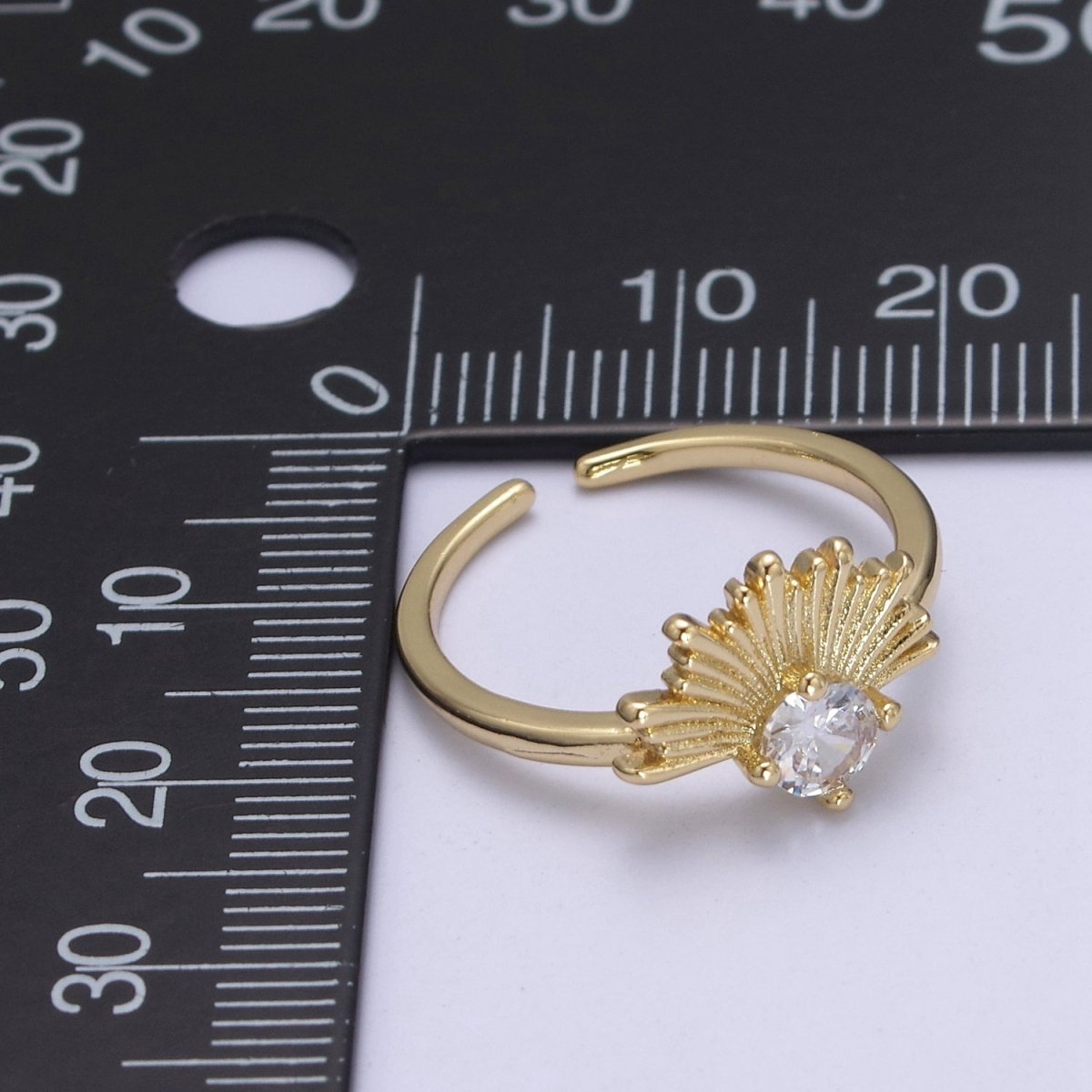 24K Gold Filled Sunburst Sun Crystal Zirconia CZ 24K Gold Promise Ring, Open Adjustable Ring | U-385 - DLUXCA