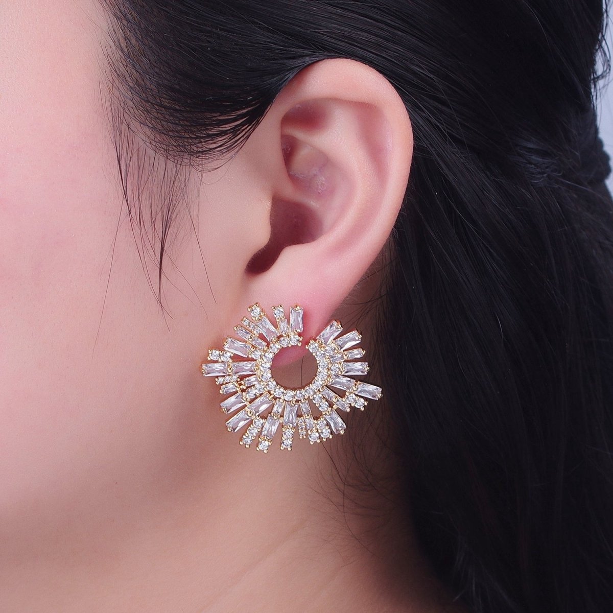 24K Gold Filled Tapered Baguette Sunburst Cubic Zirconia Stud Earrings P-421 - DLUXCA