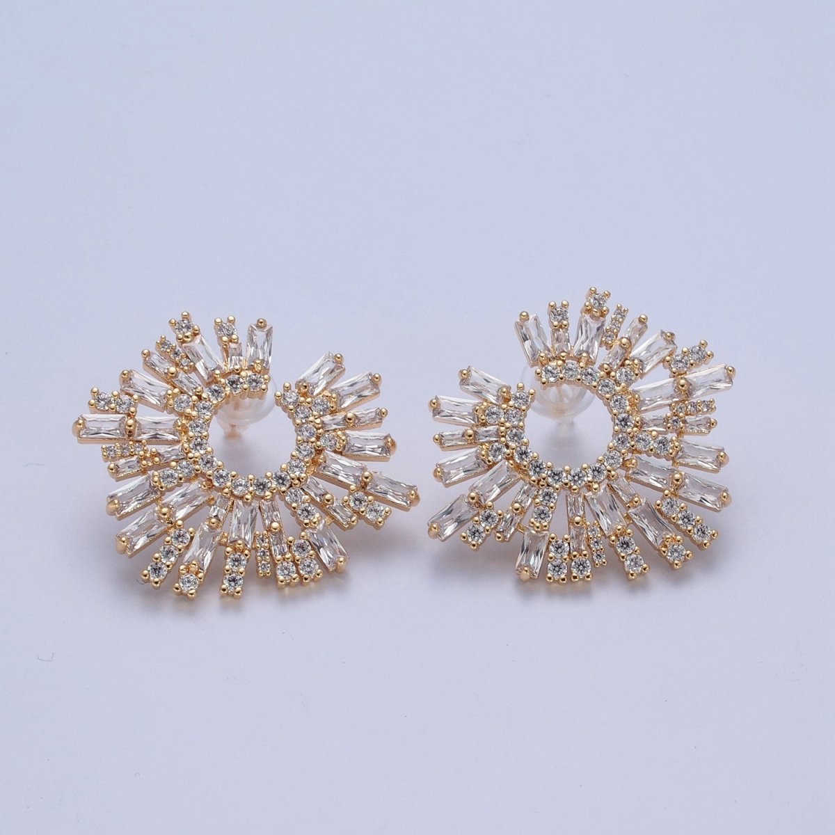 24K Gold Filled Tapered Baguette Sunburst Cubic Zirconia Stud Earrings P-421 - DLUXCA