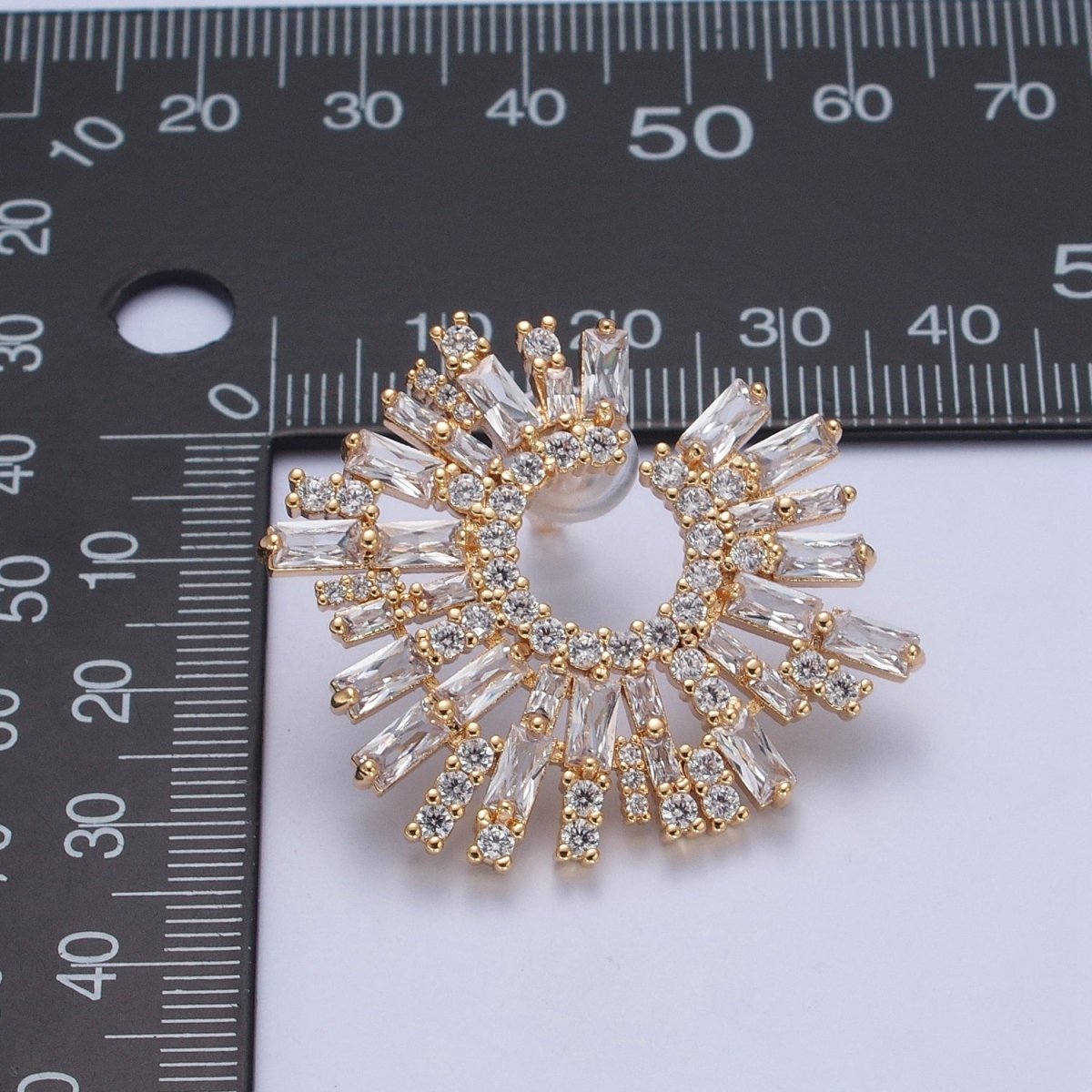 24K Gold Filled Tapered Baguette Sunburst Cubic Zirconia Stud Earrings P-421 - DLUXCA