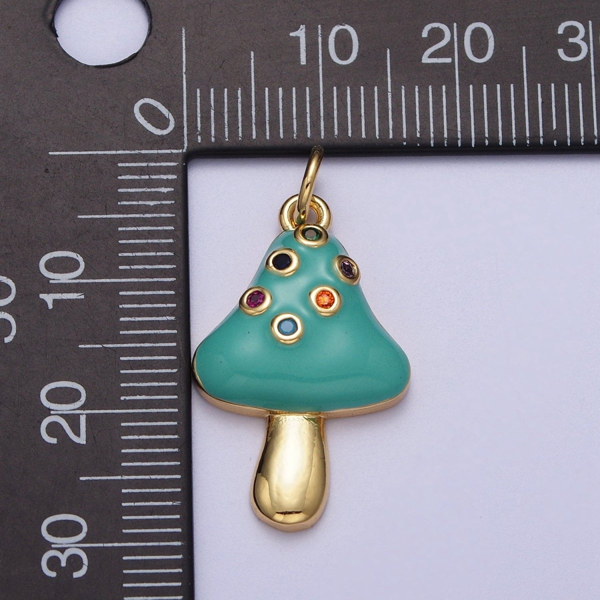 24K Gold Filled Teal Mushroom Multicolor Round Cubic Zirconia Charm | C-222 - DLUXCA