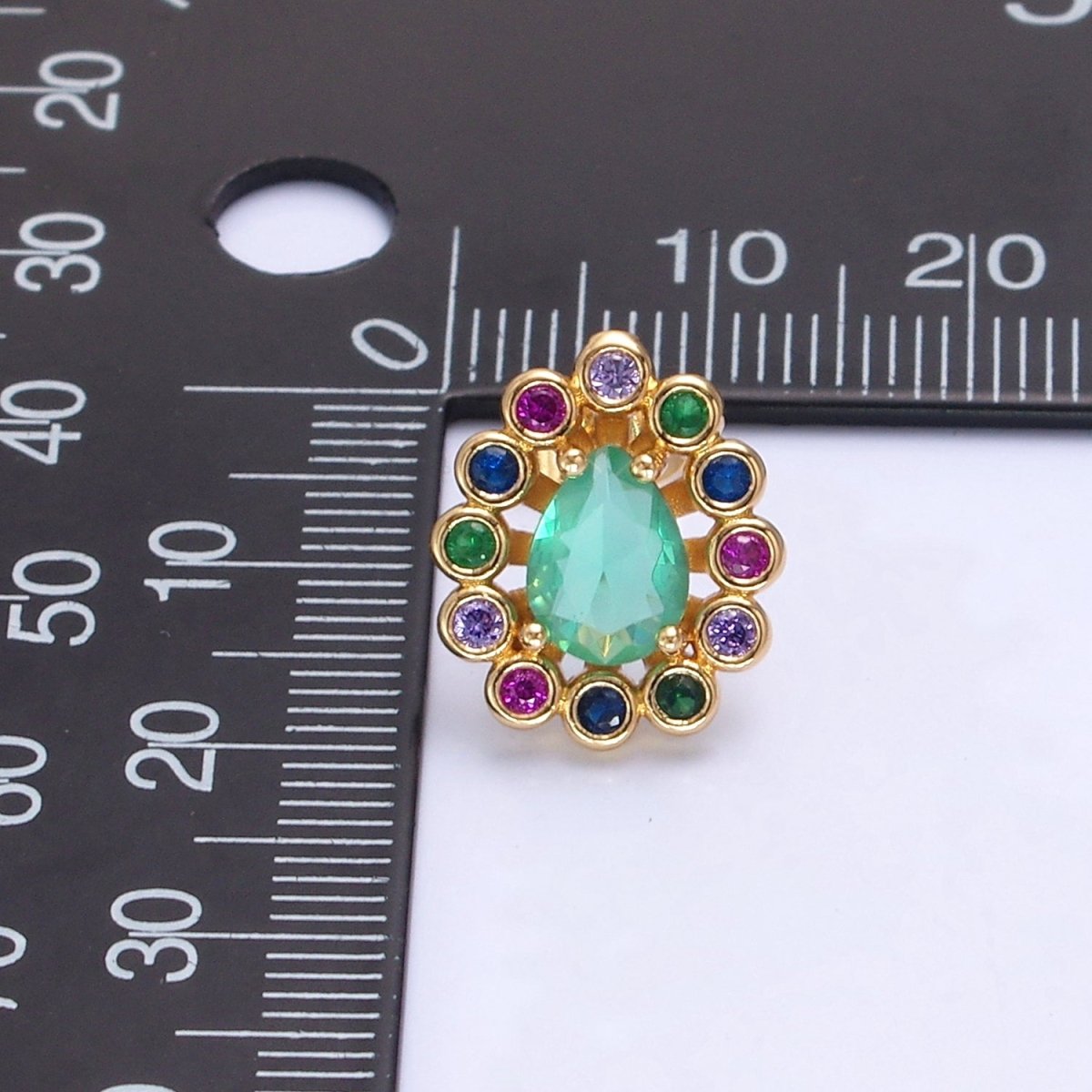 24K Gold Filled Teal Teardrop CZ Studs, Multicolor Round Earrings V-448 - DLUXCA