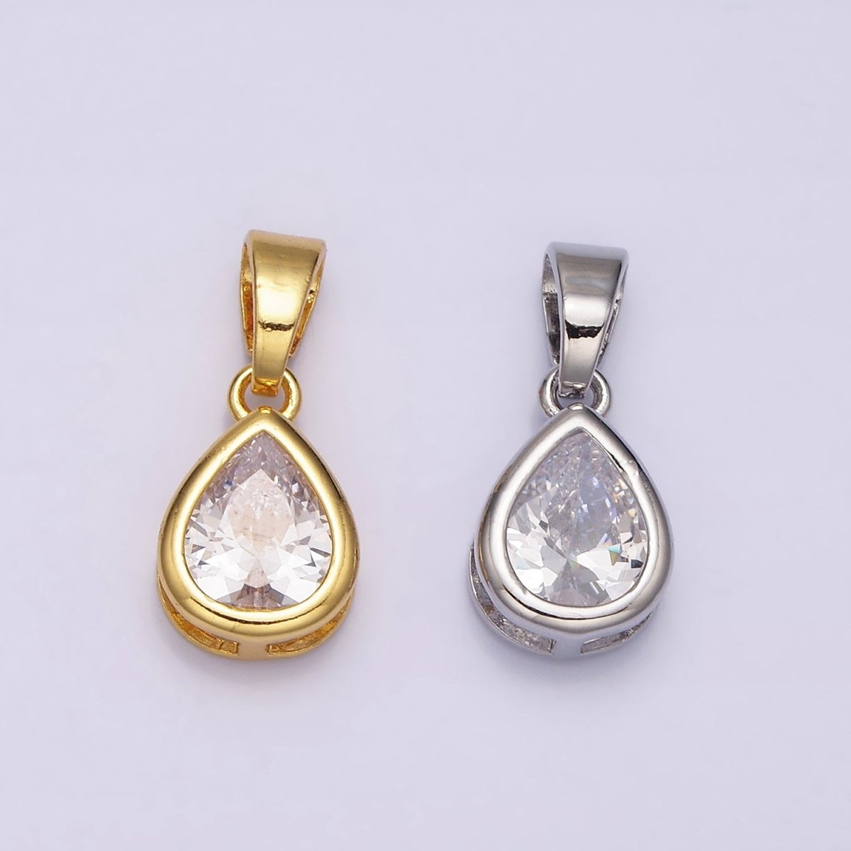 24K Gold Filled Teardrop Clear CZ Bezel Mini Pendant in Gold & Silver | AA443 AA444 - DLUXCA