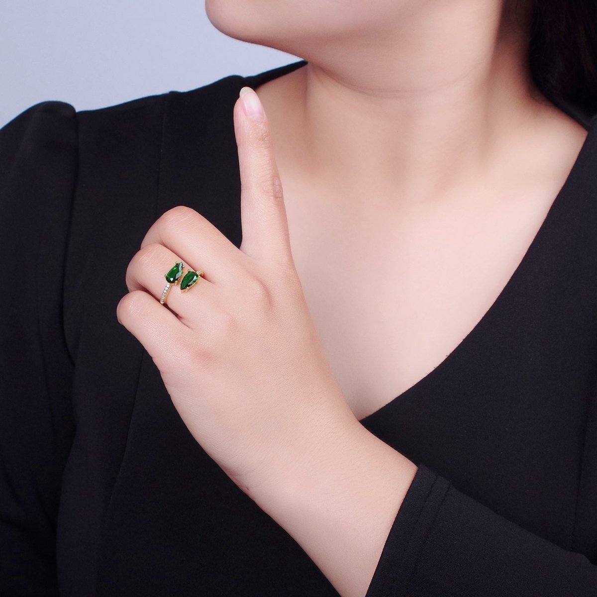 24K Gold Filled Teardrop CZ Ring, Green / Fuchsia Cubic Zirconia Open Ring with Clear Micro Pave Band O-2290 O-2291 - DLUXCA