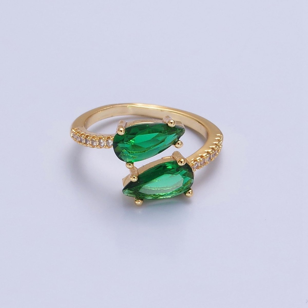 24K Gold Filled Teardrop CZ Ring, Green / Fuchsia Cubic Zirconia Open Ring with Clear Micro Pave Band O-2290 O-2291 - DLUXCA