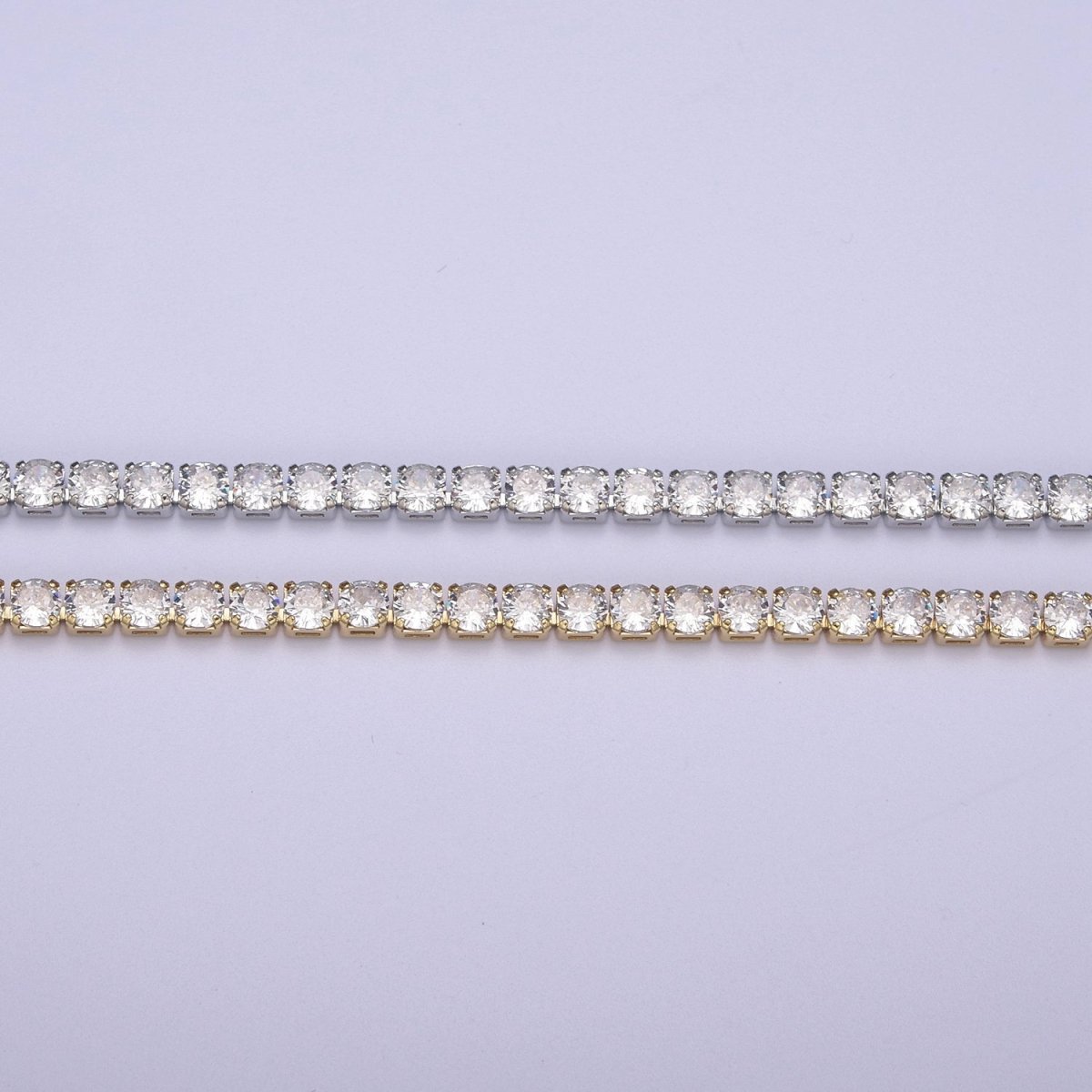 24K Gold Filled Tennis Chain, 4mm Unfinished Crystal Cubic Zirconia CZ Chain For Jewelry Making in Gold & Silver, Wholesale Supply For Diamond Necklace Bracelet Anklet | ROLL-684, ROLL-685 Clearance Pricing - DLUXCA