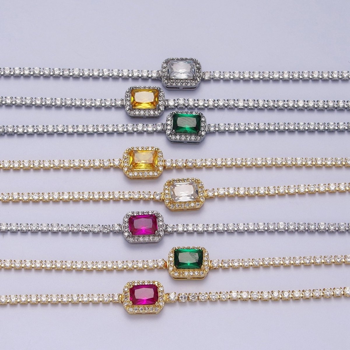 24k Gold Filled Tennis Chain Baguette Cubic Zirconia Bracelet Chain in Silver & Gold | WA-1286 - WA-1293 Clearance Pricing - DLUXCA
