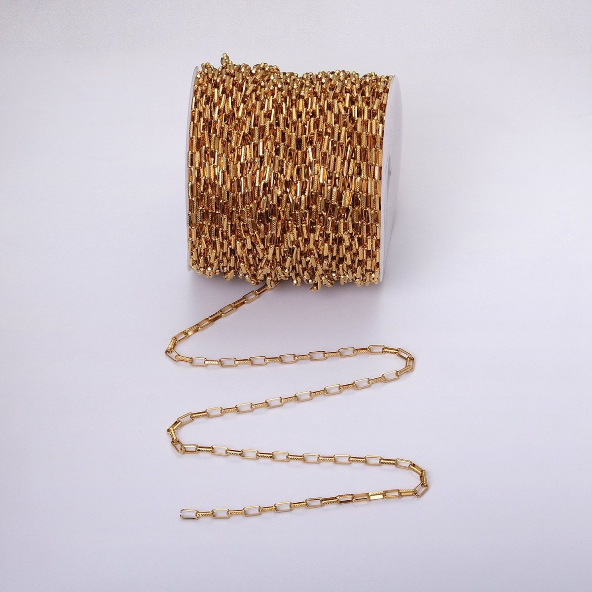 24K Gold Filled Textured Elongated PaperClip Chain Box Cable Chain by yard Wholesale Chain for Jewelry making | ROLL-1275 ROLL-1276 Clearance Pricing - DLUXCA