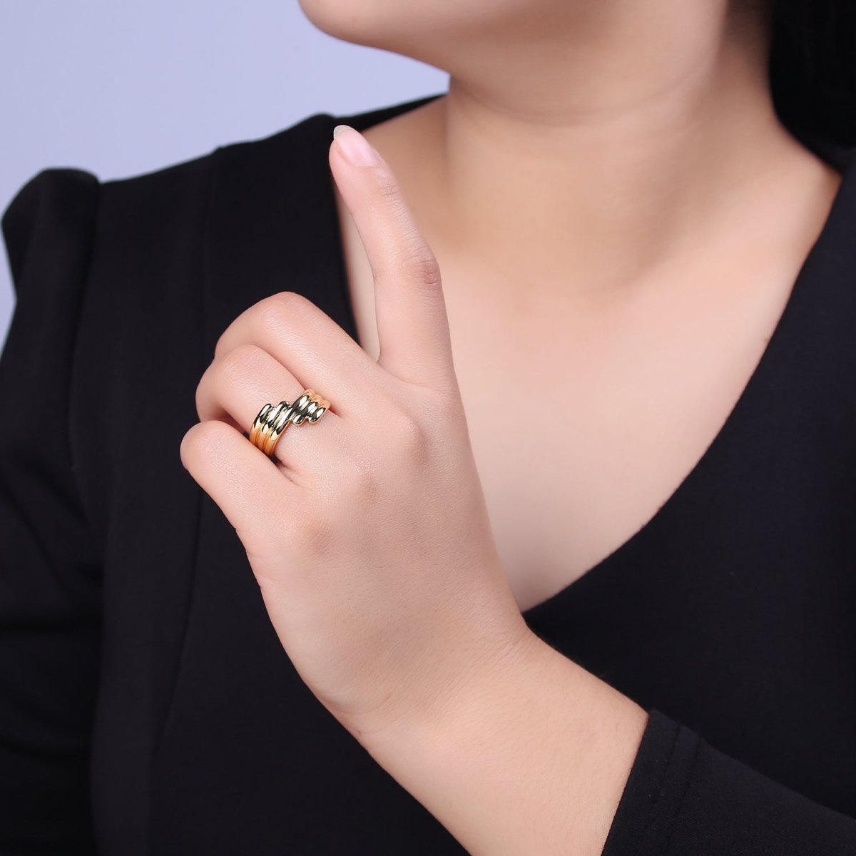 24K Gold Filled Textured Ring, Stackable Open Claw Gold Band Ring, Statement Bridesmaid Ring U-461 - DLUXCA