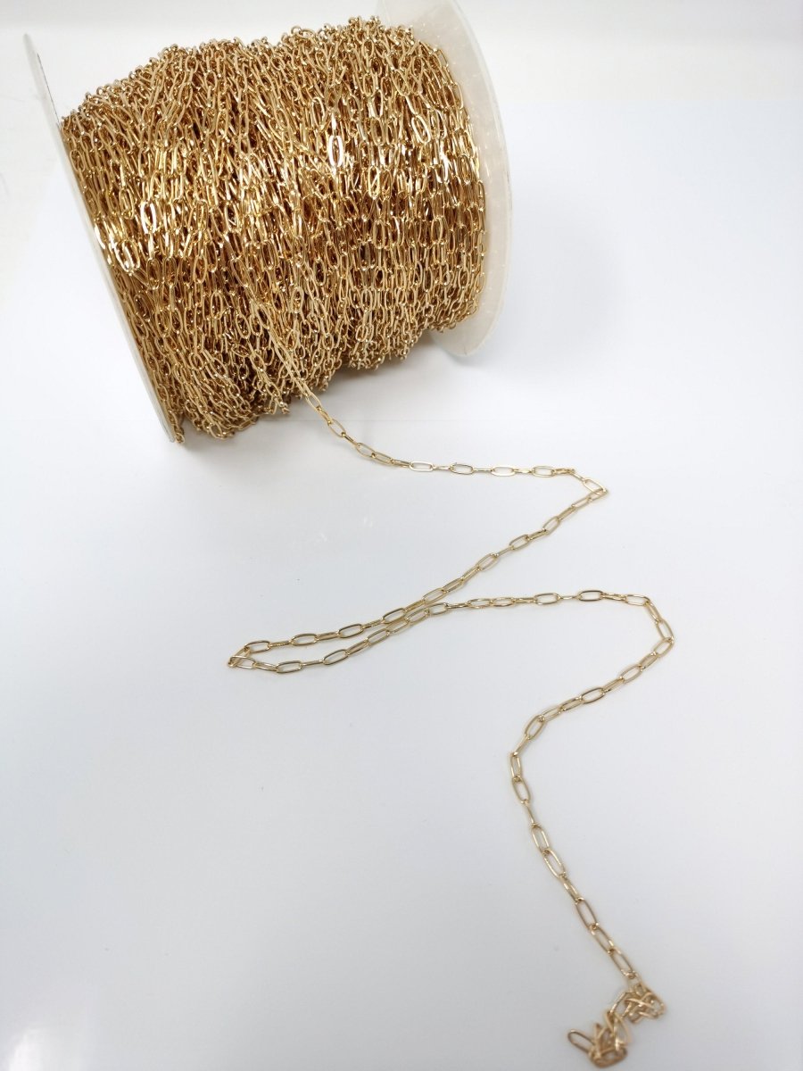 24K Gold Filled Thin PAPER CLIP Elongated Layer Necklace Oval Link Chain Delicate Chain, Unfinished Chain by Yard For Necklace Bracelet Component | ROLL-039 OverStock Clearance Pricing - DLUXCA