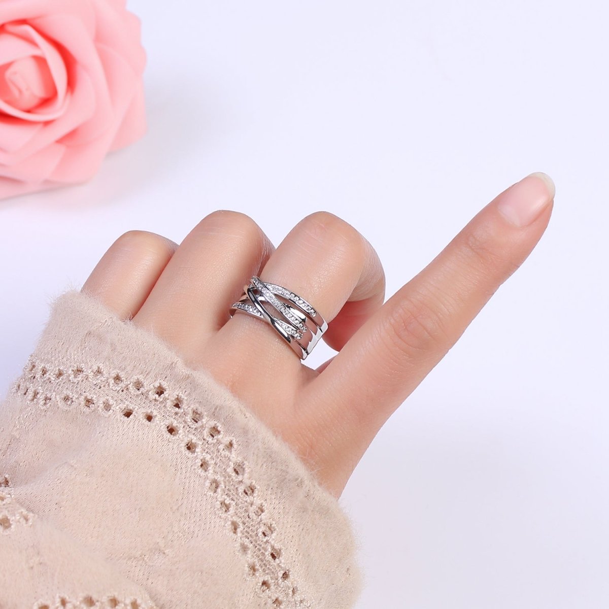 24K Gold Filled Three Layers Micro Pave Cubic Zirconia CZ Adjustable Ring in Gold & Silver, Thick Statement Ring S-350 S-351 - DLUXCA