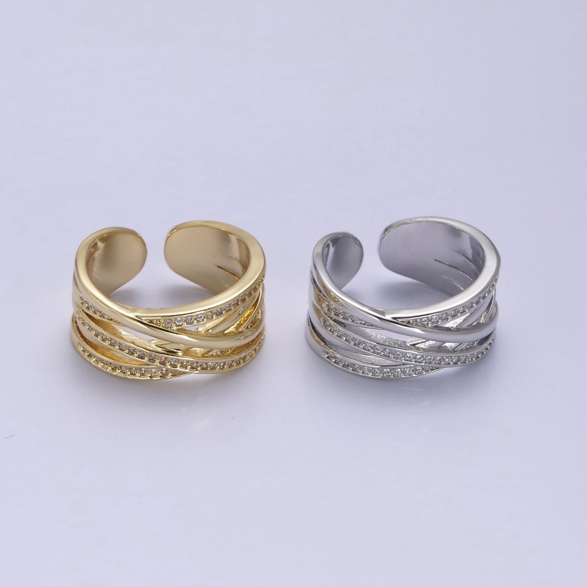 24K Gold Filled Three Layers Micro Pave Cubic Zirconia CZ Adjustable Ring in Gold & Silver, Thick Statement Ring S-350 S-351 - DLUXCA