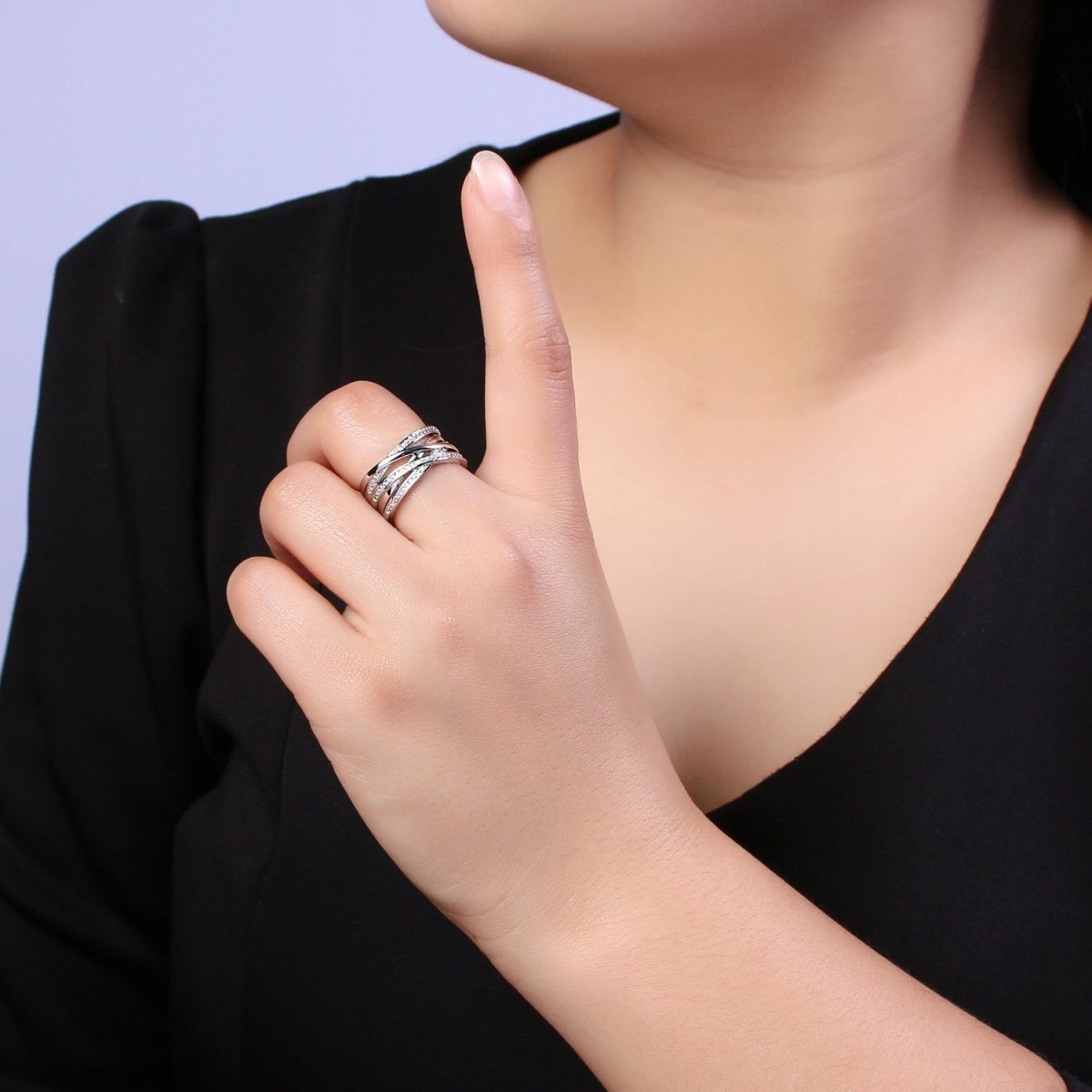 24K Gold Filled Three Layers Micro Pave Cubic Zirconia CZ Adjustable Ring in Gold & Silver, Thick Statement Ring S-350 S-351 - DLUXCA