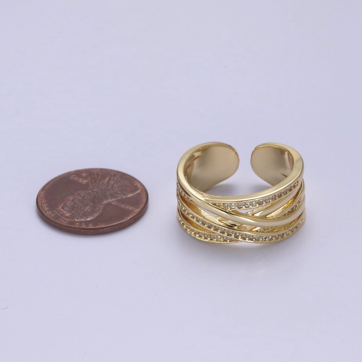 24K Gold Filled Three Layers Micro Pave Cubic Zirconia CZ Adjustable Ring in Gold & Silver, Thick Statement Ring S-350 S-351 - DLUXCA