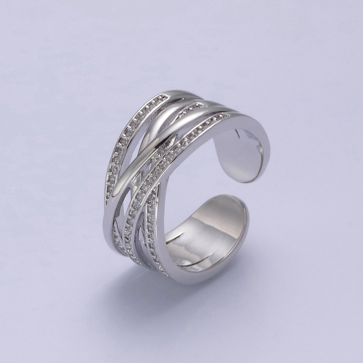 24K Gold Filled Three Layers Micro Pave Cubic Zirconia CZ Adjustable Ring in Gold & Silver, Thick Statement Ring S-350 S-351 - DLUXCA