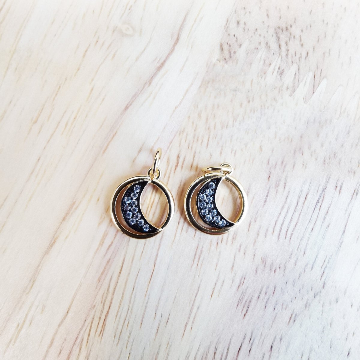 24K Gold Filled Tiny Crescent Moon Micro Pave CZ Charms, Moon in Circle Cubic Zirconia Charm Bracelet Earring Necklace for Jewelry Making, D-508 - DLUXCA