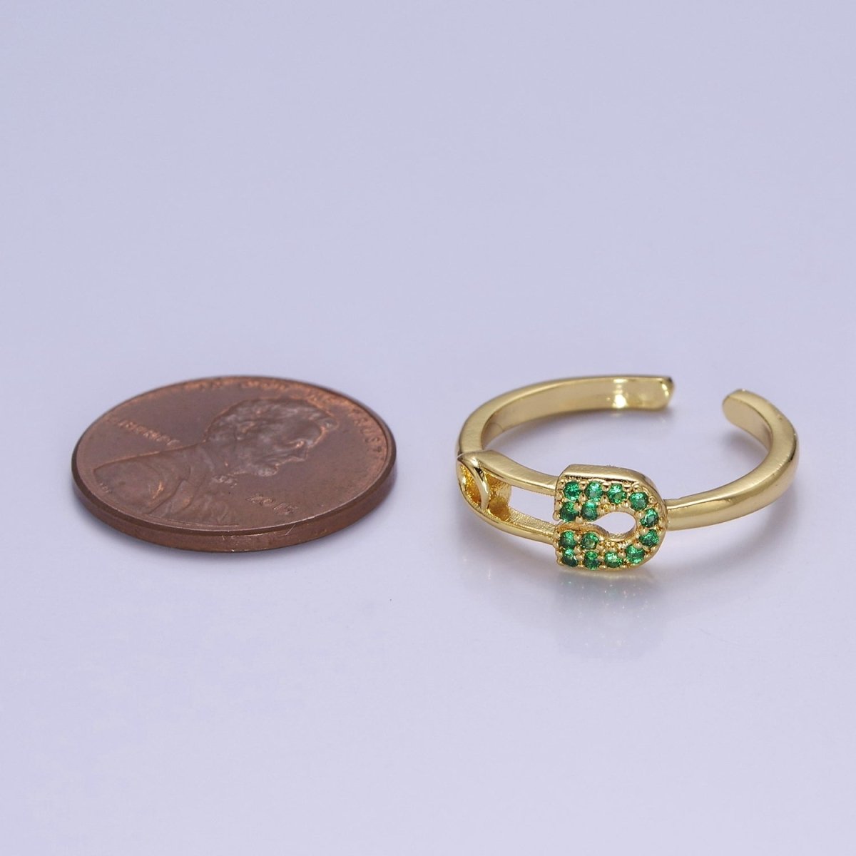 24k Gold Filled Tiny Safety Pin Ring | Emerald Green Micro Pave Dainty Ring O-2179 - DLUXCA