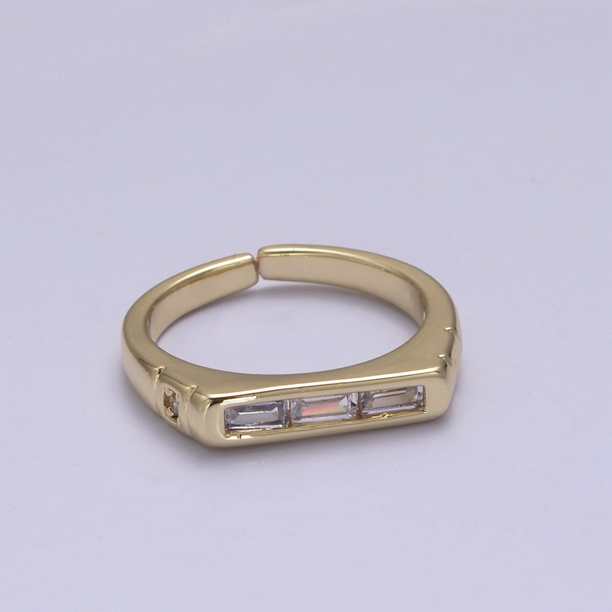 24K Gold Filled Triple Green, Clear Baguette CZ Cubic Crystal Zirconia Flat Bar Signet Adjustable Ring S-360 S-361 - DLUXCA