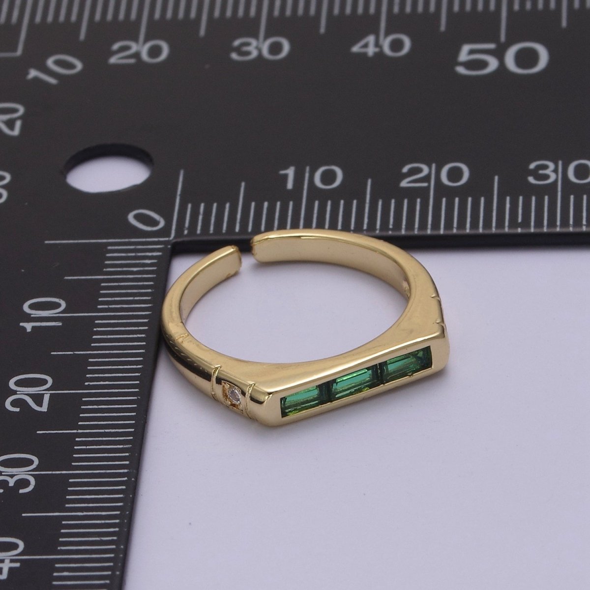 24K Gold Filled Triple Green, Clear Baguette CZ Cubic Crystal Zirconia Flat Bar Signet Adjustable Ring S-360 S-361 - DLUXCA