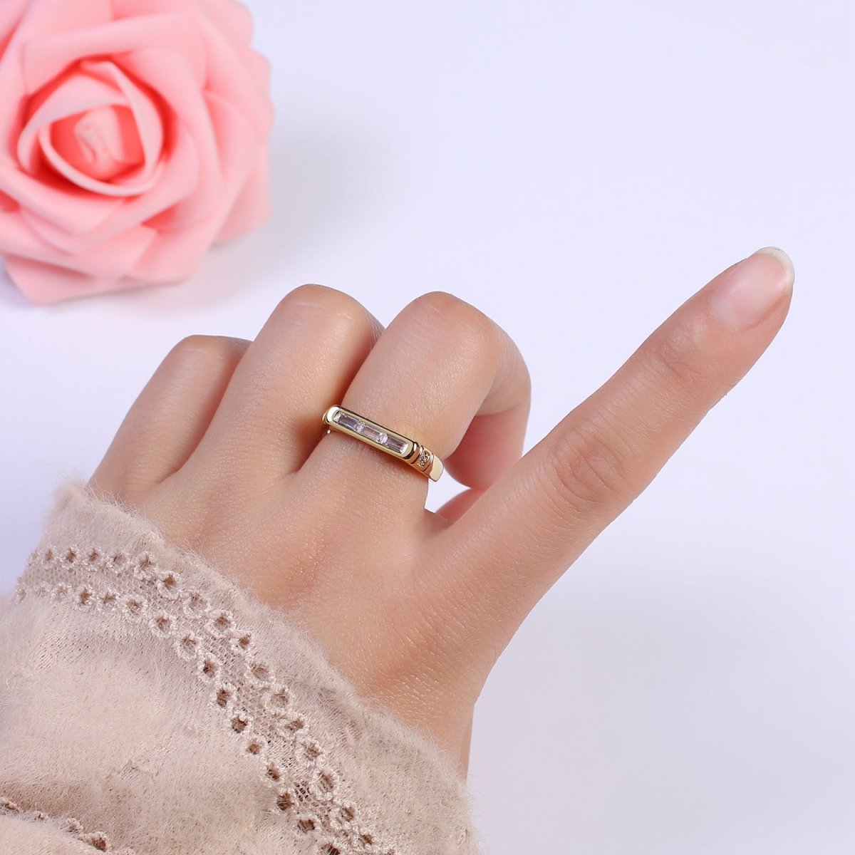 24K Gold Filled Triple Green, Clear Baguette CZ Cubic Crystal Zirconia Flat Bar Signet Adjustable Ring S-360 S-361 - DLUXCA