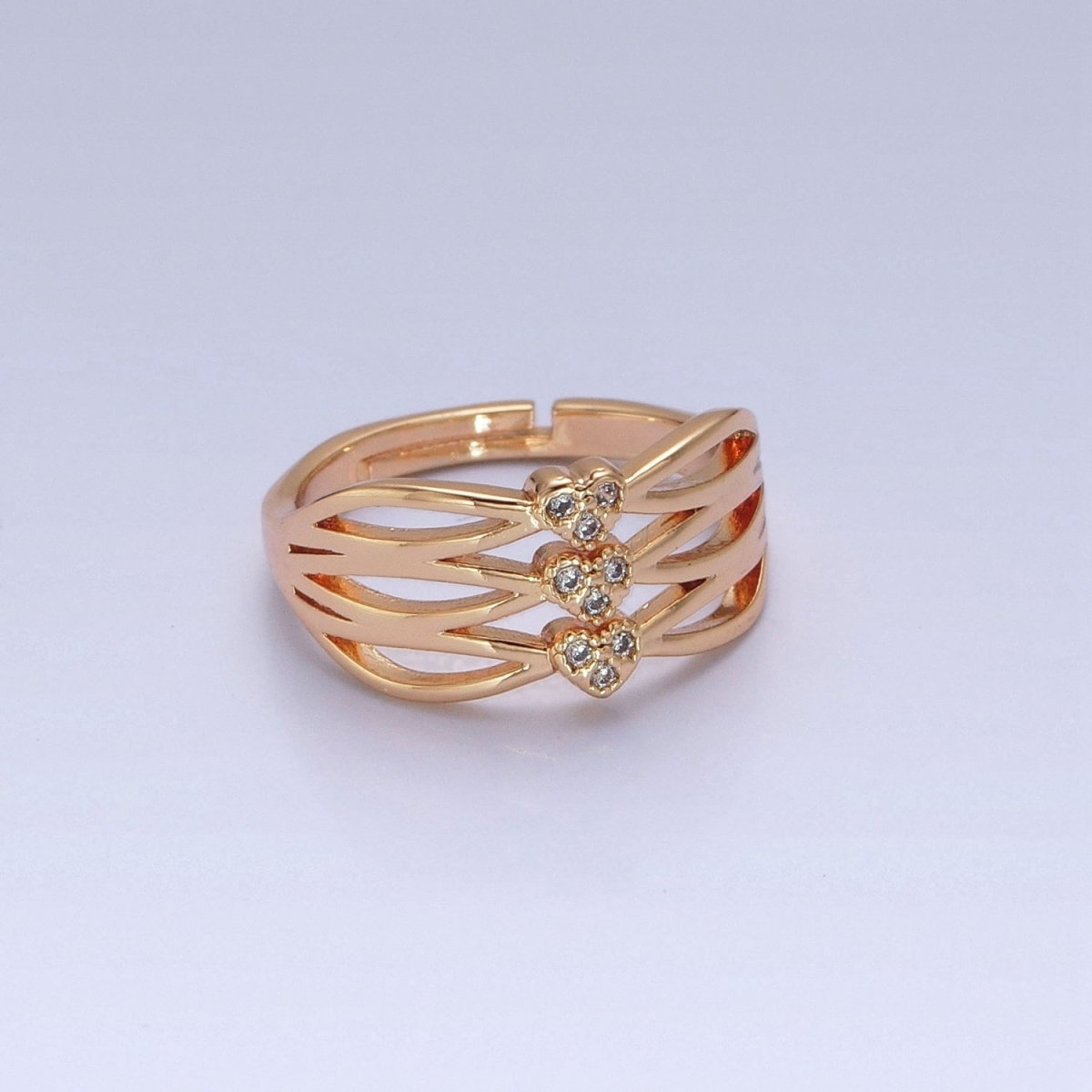 24K Gold Filled Triple Sharp Oval Band Micro Pave Clear Three Hearts Cubic Zirconia Adjustable Ring S-231 - DLUXCA