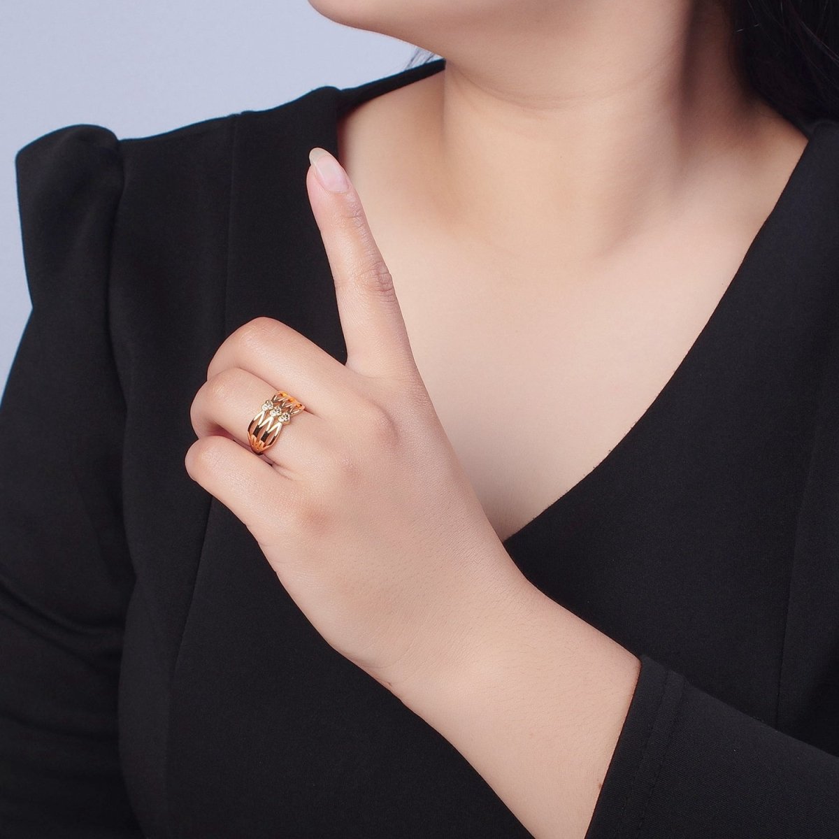 24K Gold Filled Triple Sharp Oval Band Micro Pave Clear Three Hearts Cubic Zirconia Adjustable Ring S-231 - DLUXCA