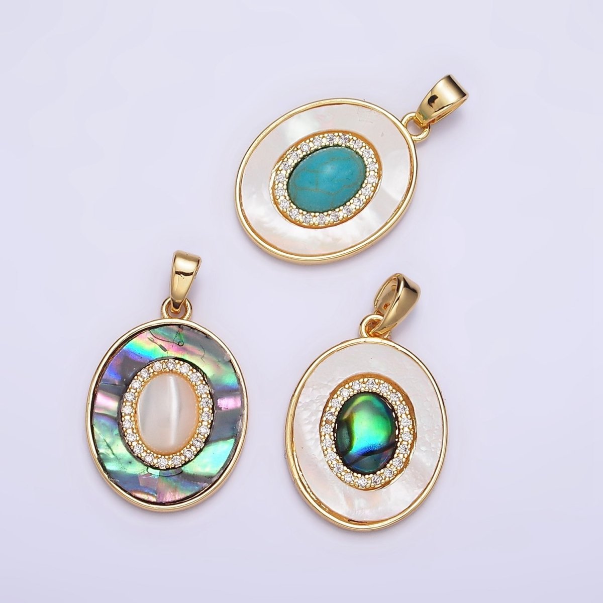 24K Gold Filled Turquoise, Pearl, Abalone Micro Paved CZ Shell Pearl, Abalone Pendant | AA595 - AA597 - DLUXCA