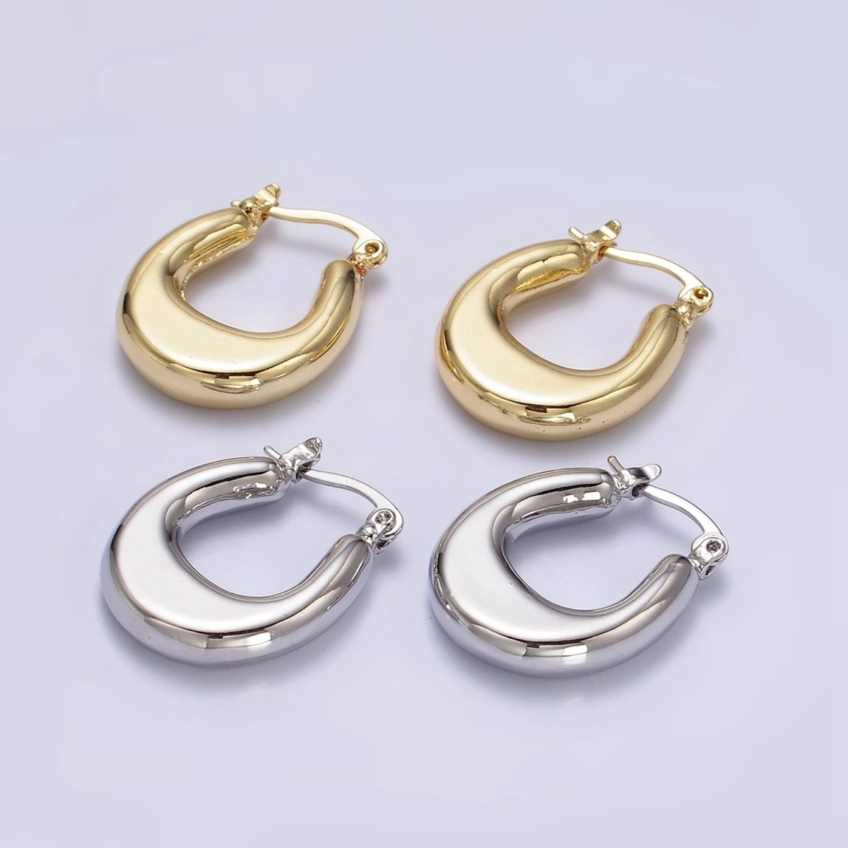 24K Gold Filled U-Shaped Edged Chubby French Lock Latch Hoop Earrings in Gold & Silver | AE612 AE613 - DLUXCA