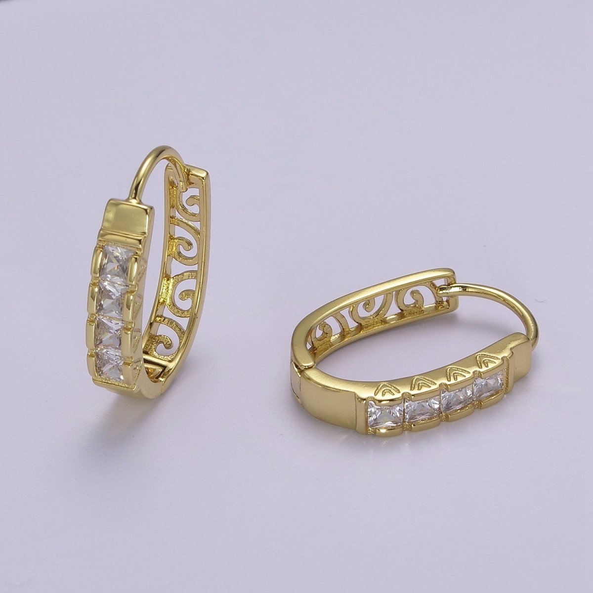 24K Gold Filled U Shaped Vintage Filigree Square Cubic Zirconia Huggie Hoop | V-369 - DLUXCA