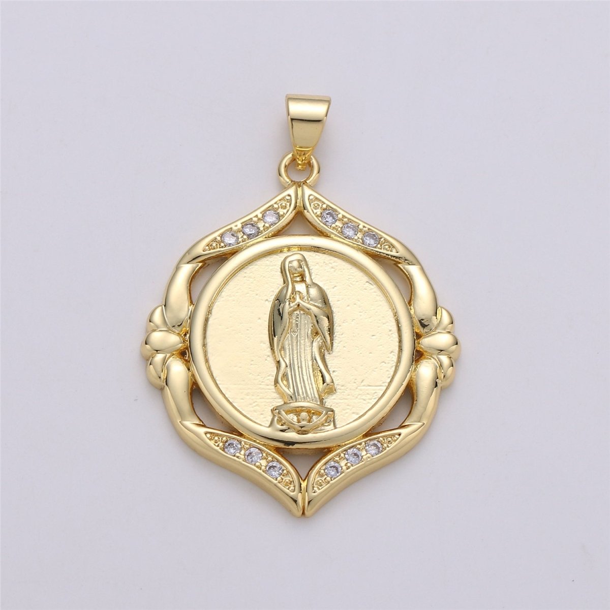 24k Gold Filled Virgin Mary Medallion Scalloped Edge 26mm - Religious Jewelry, Catholic Pendant, Saint Charm, 24K gf Lady Guadalupe Charm I-574 - DLUXCA