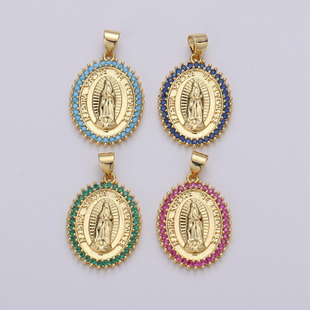 24k Gold Filled Virgin Mary Pendant Necklace Green Blue Teal Micro Pave Virgen de Guadalupe Medallion Pendant for Necklace Religious Jewelry I-841~I-843 I-845 - DLUXCA