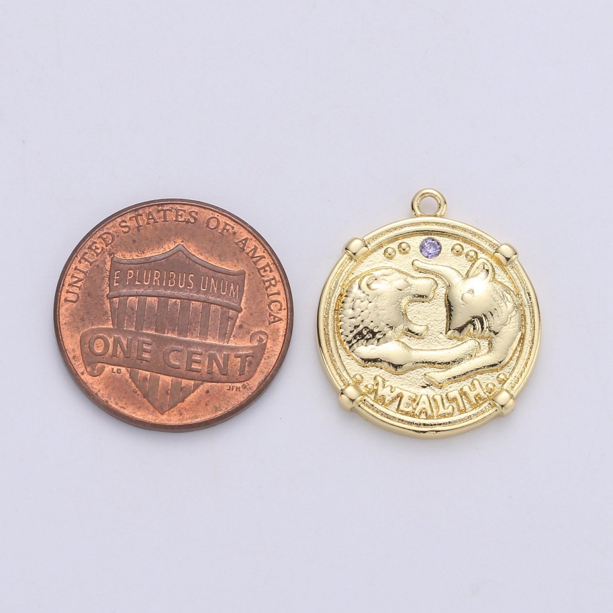 24K Gold Filled Wealth Strong Lion Dainty Charm with Micro Pave Lavender or Green Cubic Zirconia CZ Stone for Necklace or Bracelet, C-868 - DLUXCA