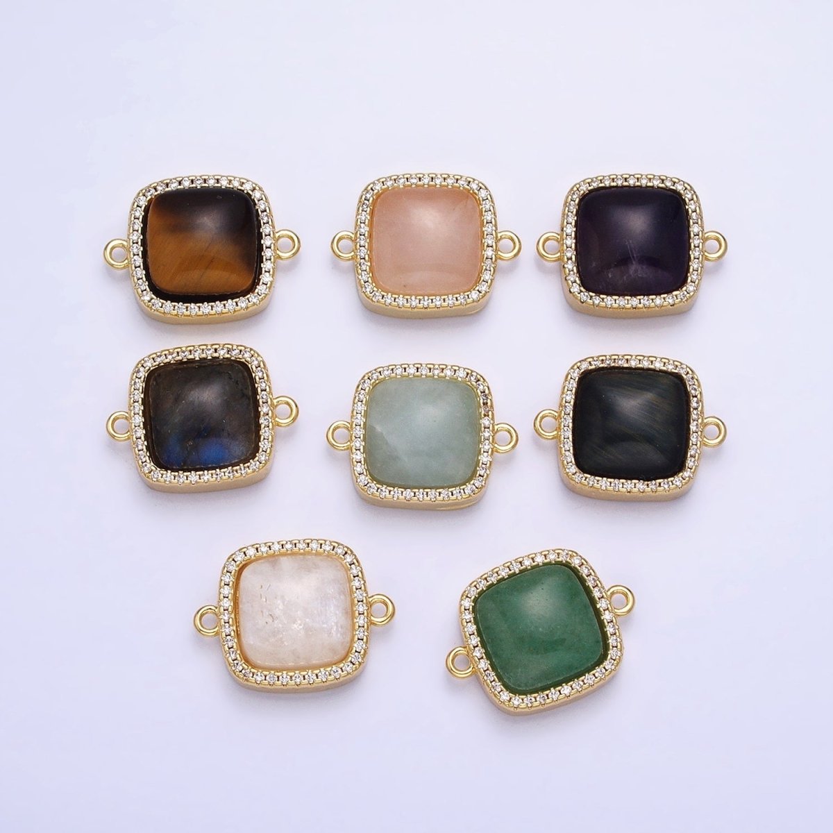 24K Gold Filled White Moonstone, Rose Quartz, Blue Agate, Tiger Eye, Amethyst, Onyx Micro Paved CZ Square Connector | AA829 - AA834 - DLUXCA