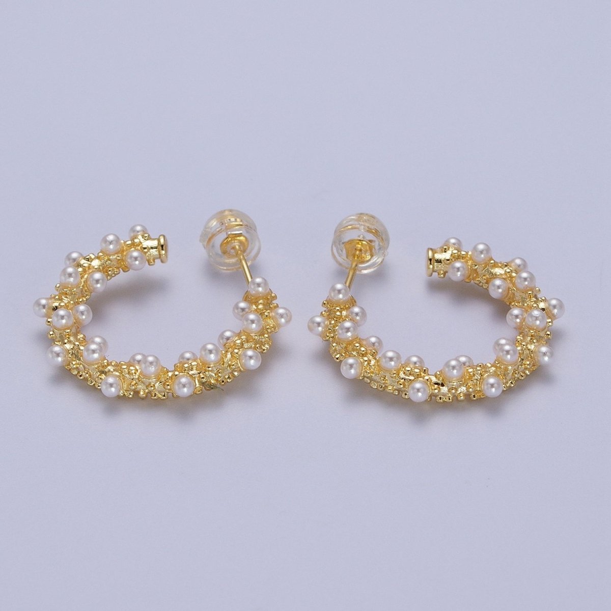 24K Gold Filled White Pearl Beaded C-Shaped Stud Hoop Earrings | Y-228 - DLUXCA