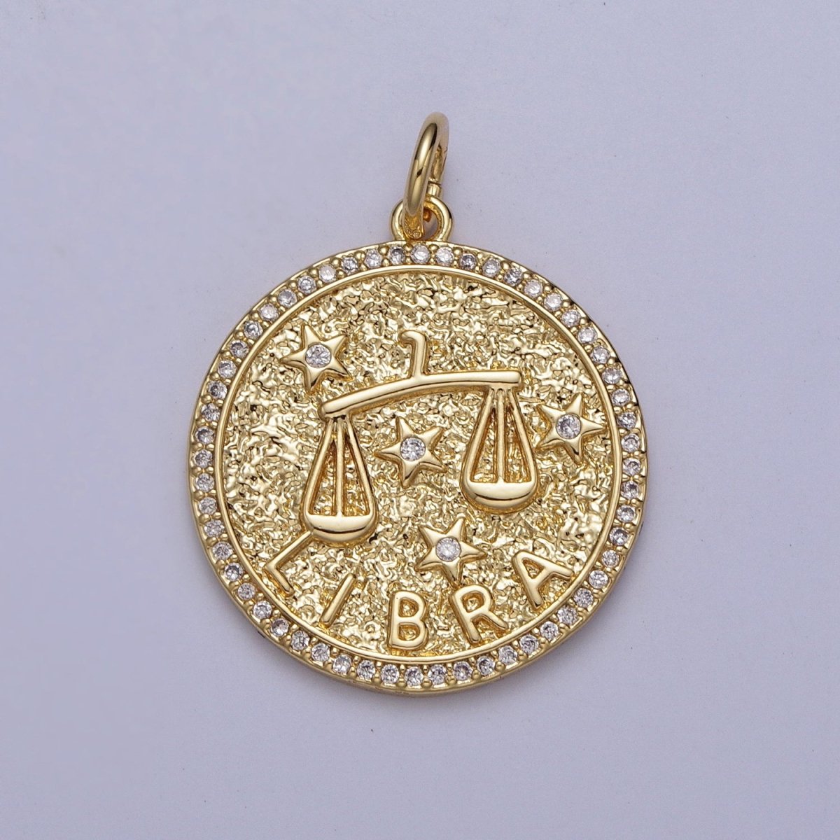 24K Gold Filled Zodiac Birth Star Hammered Round Micro Paved CZ Charm | A-456 - A-467 - DLUXCA