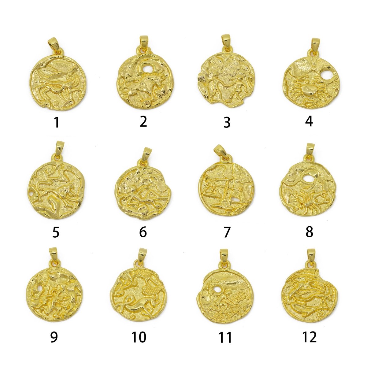 24K Gold Filled Zodiac Horoscope Sign Constellation Medallion Pendant Charm Rustic Rough Hammered Coin, A-638-A-650 - DLUXCA